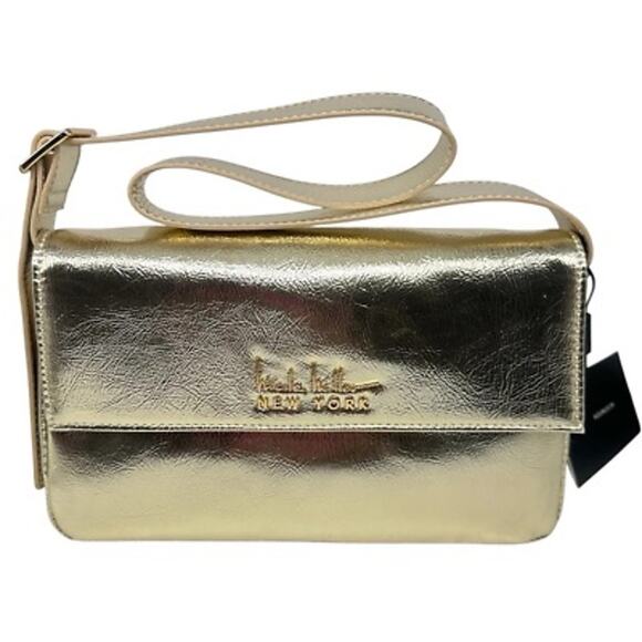 Nicole Miller Gold Vegan Leather Handbag Shoulder Bag New With Tags - Picture 2 of 6